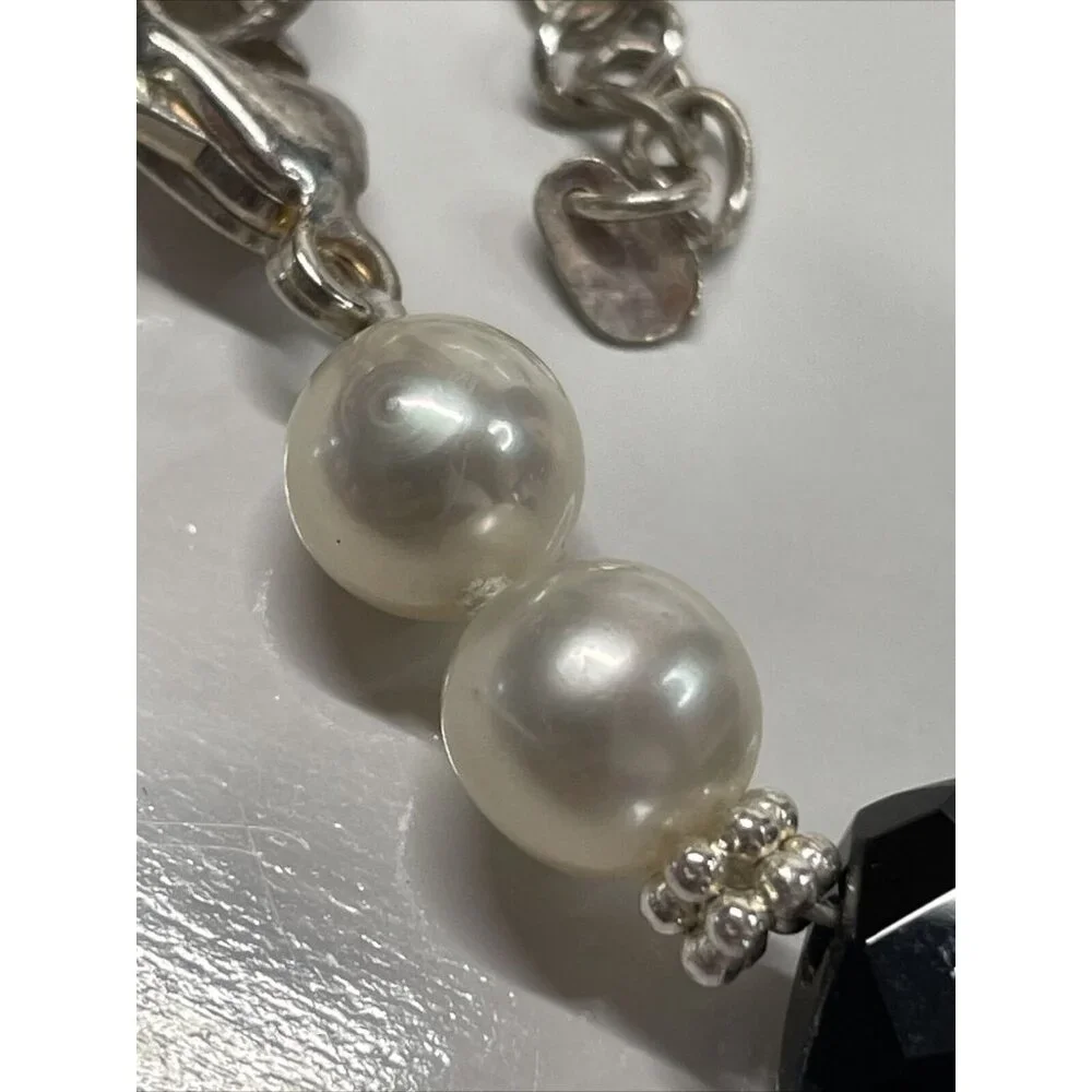 Lucas Lamenth black Faceted Glass Pearl Natural Stone Necklace LUC‎ 925 AL4.2
